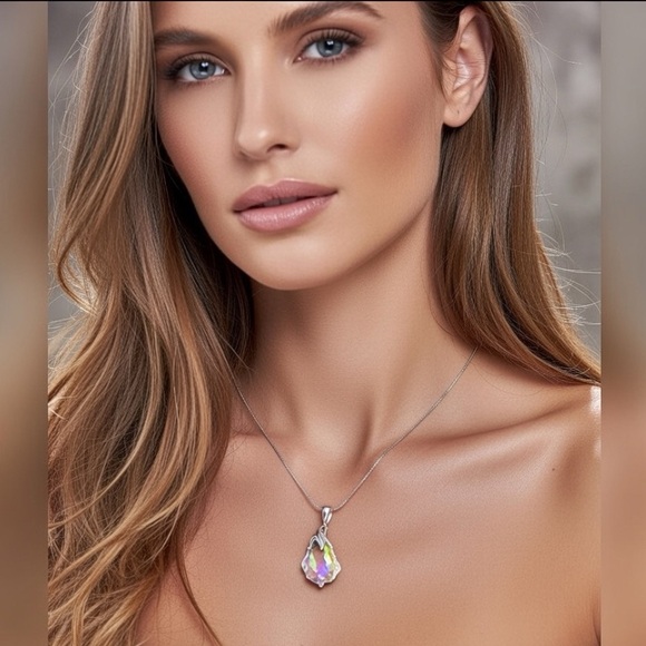 Handmade Austrian Crystal Aurora Borealis Pendant Sterling Silver Chain Necklace - Picture 4 of 11